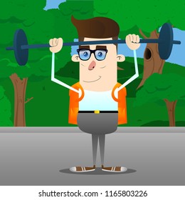 Schoolboy weightlifter lifting barbell. Vector cartoon character illustration.