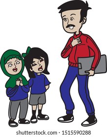 The schoolboy welcomed the happy teacher on a white background. Teacher's Day. Back to school.