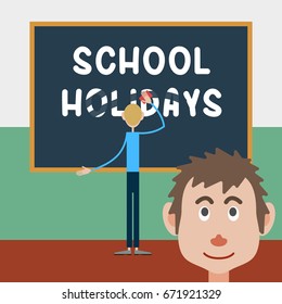 Schoolboy wipes a school board with the inscription - school holidays, and his friend emotionally looks at what is happening
