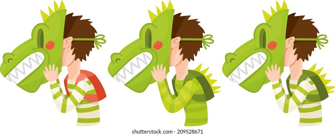 schoolboy wore a mask dinosaur