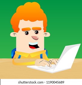 Schoolboy working with laptop. Vector cartoon character illustration.