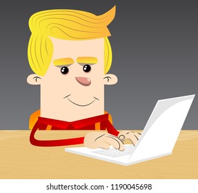 Schoolboy working with laptop. Vector cartoon character illustration.