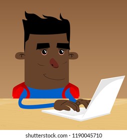 Schoolboy working with laptop. Vector cartoon character illustration.