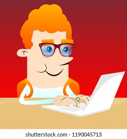 Schoolboy working with laptop. Vector cartoon character illustration.