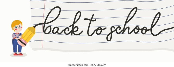 Schoolboy writes a back to school quote on a notebook sheet, print for children card, school posters concept and invitations