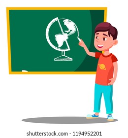 Schoolboy Writes Chalk On A School Board Vector. Isolated Illustration
