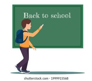 A schoolboy writing at the blackboard, back to school concept, flat vector illustration