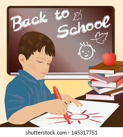 Schoolboy writing in a notebook, vector illustration
