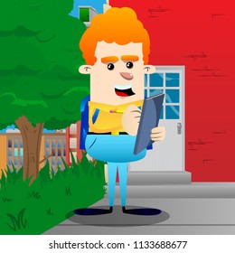 Schoolboy writing on a books cover. Vector cartoon character illustration.