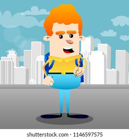 Schoolboy writing with pencil. Vector cartoon character illustration.