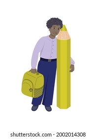 Schoolboy with a yellow pencil. Multi-colored image on a white background. Close-up. Design element. Vector illustration.