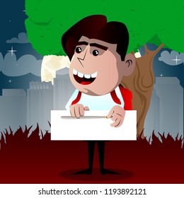 Schoolboy zipping a banner. Vector cartoon character illustration.