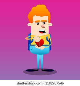 Schoolboy zipping his heart. Vector cartoon character illustration.
