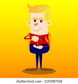 Schoolboy zipping his heart. Vector cartoon character illustration.