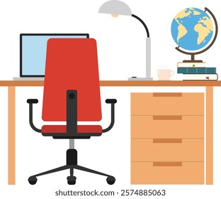 Schoolboy's desk with a chair, school supplies. Office interior. Vector, designer illustration. Vector.