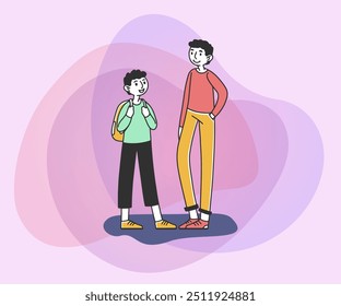 Schoolboys of different ages talking flat vector illustration. Teenager and junior school boy with backpack. School, education, conversation, communication concept