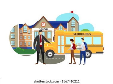 Schoolboys Entering Yellow Bus. Driver in Uniform Meeting Kids from Secondary School to Get them at Home. Learning Children Characters Leaving College Building. Cartoon Flat Vector Illustration. Icon.