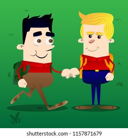 Schoolboys giving a fist bump. Vector cartoon character illustration.