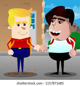 Schoolboys giving a fist bump. Vector cartoon character illustration.