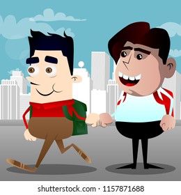 Schoolboys giving a fist bump. Vector cartoon character illustration.