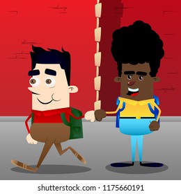 Schoolboys giving a fist bump. Vector cartoon character illustration.