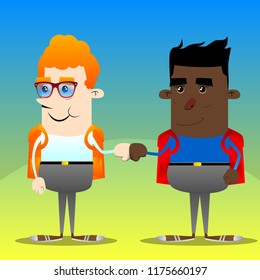 Schoolboys giving a fist bump. Vector cartoon character illustration.
