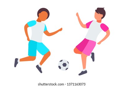 schoolboys playing football couple schoolchildren in sportswear having fun white background flat full length horizontal