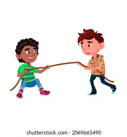 Schoolboys Pulling Rope On Competition Game Vector. African And Caucasian School Boys Pulling Rope Togetherness. Characters Children Energy Power Sport Time Flat Cartoon Illustration