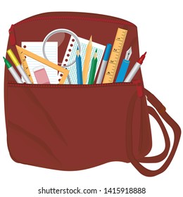 Schoolboy's red backpack - attributes of a first grader - ruler, triangle, pencils, felt-tip pen - isolated on white background - vector. Back to school.