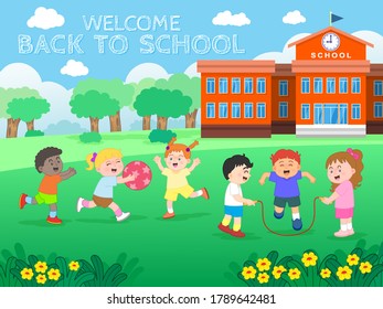 Schoolboys and schoolgirls characters playing in the School lawn, Welcome back to school concept. Vector Illustration for your design