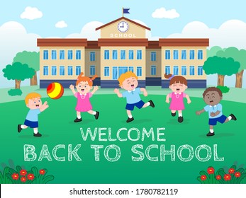 Schoolboys and schoolgirls characters wearing uniform and playing in the School lawn, Welcome back to school concept. Vector Illustration for your design
