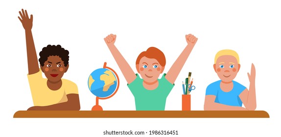 schoolboys are sitting at a desk and want to answer the lesson.Afro-American schoolboy, white children in the classroom stretch their hand.excellent students. Vector illustration in flat cartoon style