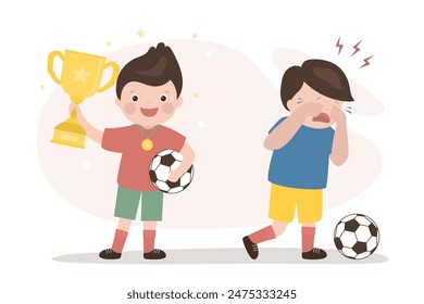 Jugadores de fútbol escolares. El niño sostiene la copa del ganador y la pelota. Jugador perdedor llorando. Futbolistas tras competición, ganadores y perdedores. Recompensa para el vencedor en campeonato, mejor jugador de partido. Vector