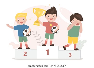 Colegiales parados en el podio. El niño sostiene la copa del ganador y la pelota. Futbolistas tras competición, ganadores y perdedores. Primer lugar, recompensa por ganador en campeonato, mejor jugador de partido. Vector plano