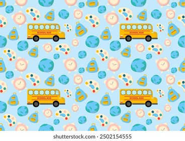 Schoolbus, alarm clock, globe, color palette, and school bag seamless pattern on blue background. For cards, frames, posters, book covers, textiles, wallpaper, wrapping and fabric. 