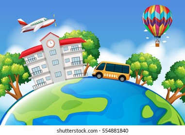 Schoolbus and building on earth illustration