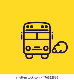 Schoolbus icon. Flat thin line sign of student's yellow bus. "Stop" marker roof lights, big mirrors. Exhaust smoke (deletable).