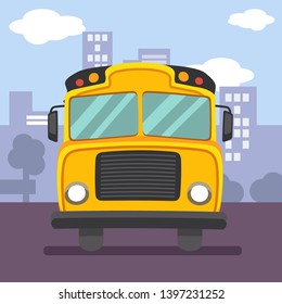 The schoolbus on front view and background of city in flat vector style. Illustration about back to school for  graphic,content , banner, sticker.