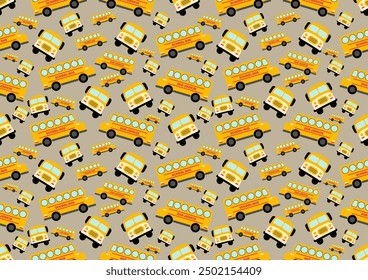 Schoolbus seamless pattern on brown background. For cards, frames, posters, book covers, textiles, wallpaper, wrapping and fabric. 