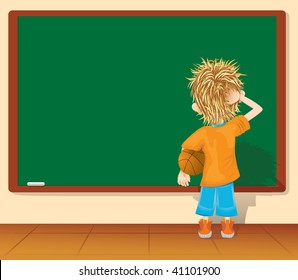 School.Cartoon little boy and blackboard. (vector, CMYK)