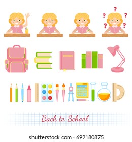 Schoolchild avatar flat and school supplies vector cartoon illustration. Back to school background.