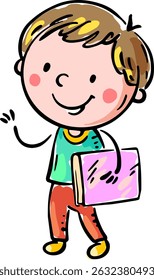 Schoolchild with a book. Isolated illustration of kid standing with book