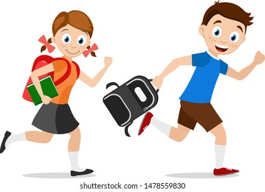 Schoolchild boy and girl running with briefcases to school.Characters on a white. Back to school.