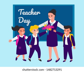 Schoolchild congratulate teacher on occasion, give flowers. Teacher's Day. Back to school. Vector illustration on background of blackboard