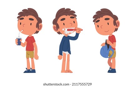 Schoolchild Daily Routine with Boy Drinking Soda, Brushing His Teeth and Putting Book in Backpack Vector Set