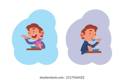 Schoolchild Daily Routine with Boy Having Breakfast Vector Set
