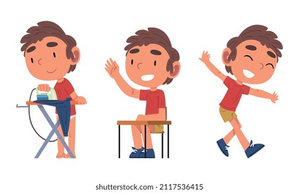 Schoolchild Daily Routine with Boy at School Desk Having Lesson and Ironing Vector Set