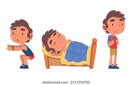 Schoolchild Daily Routine with Boy Sleeping in Bed and Doing Physical Exercise in the Morning Vector Set