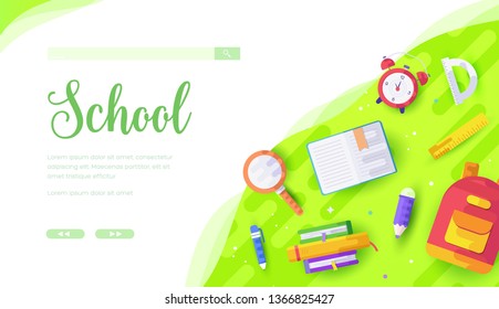 Schoolchild is ready to learn. Back to school, education concept. Stationary and backpack of pupil, student. Desk of schoolboy or schoolgirl. Top view. Horizontal vector flat design.