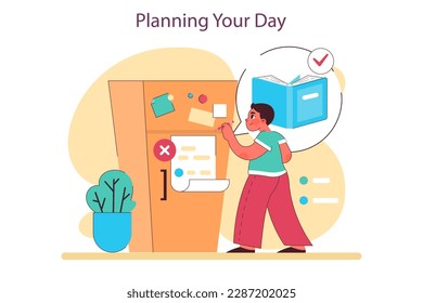 Schoolchild schedule and duties. Everyday routine of a schoolboy. Little boy writing on her journal, planning his day. Keeping a dairy and to do list. Flat vector illustration